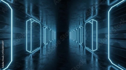 Smooth Dolly Shot of Futuristic Corridor with Glowing Blue Neon Lights