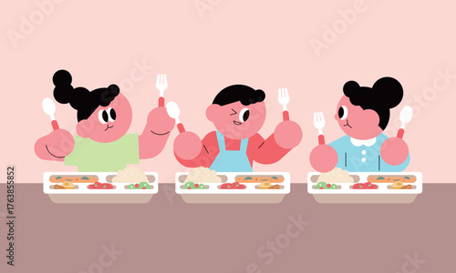 Happy Kids Enjoying School Lunch. Elementary school lunch time.