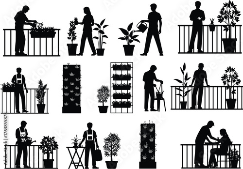 Silhouette of Person Working in Indoor Urban Balcony Garden, Modern Gardening Lifestyle Vector Illustration, City Nature and Relaxation Concept
