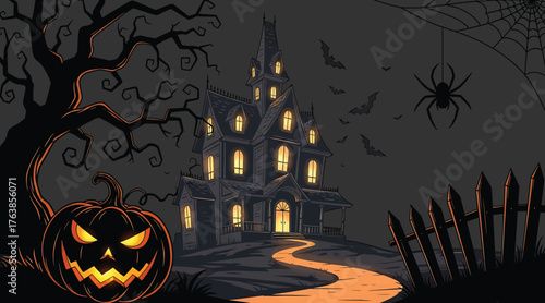 Vector art of an eerie halloween night scene featuring a haunted mansion, a glowing jackolantern, and bats flying against a dark sky, creating a spooky and mysterious atmosphere