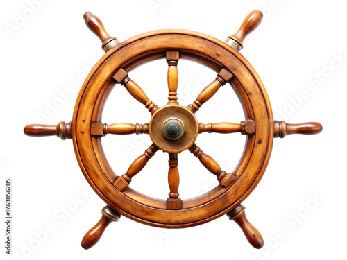 Vintage wooden ship steering wheel, with brass accents and dark polished finish, cutout, PNG isolated on white or transparent background