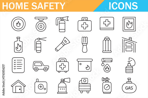 Fire and gas safety icon set — linear pictograms for domestic risk prevention