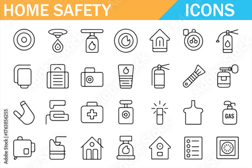 Emergency preparedness icons — clean line style home security and hazard prevention set
