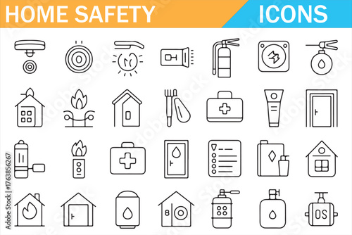 Household safety outline pack — detectors, extinguishers, cameras, doors, and alerts