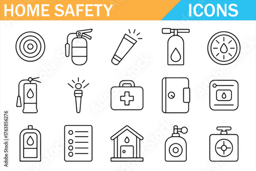 Thin stroke safety symbols: fire, gas, first aid, evacuation, warning, and lock icons