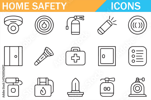 Minimal home protection icon set for UI and infographics — alarms, kits, and equipment