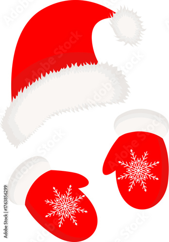 Santa Claus Christmas hat and mittens. Little red riding hood and mittens with snowflakes. Vector hand-drawn cartoon style illustration. Winter fashion. Christmas accessories. Vector illustration