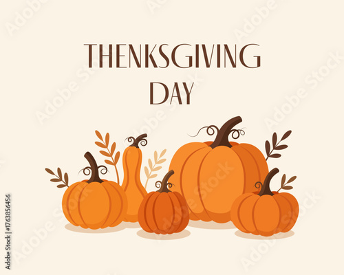 A Thanksgiving greeting card featuring various pumpkins, autumn leaves, and text on a beige background. Vector illustration.