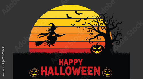 Vector art of a vintagestyle halloween illustration featuring a witch on a broomstick silhouetted against a sunset, with bats, a spooky tree, and a pumpkin, wishing happy halloween
