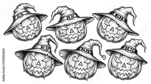 Vector art of a spooky and whimsical halloween illustration featuring a group of pumpkins wearing witch hats, rendered in a detailed, vintageinspired ink drawing style