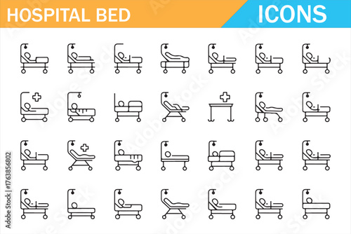 ICU bed and stretcher line icons — modern healthcare outline collection