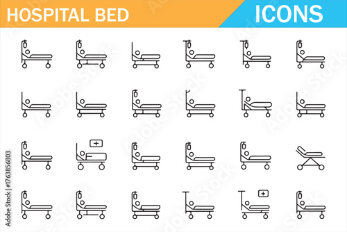 Clinic equipment icons — hospital beds and stretchers in clean linear style