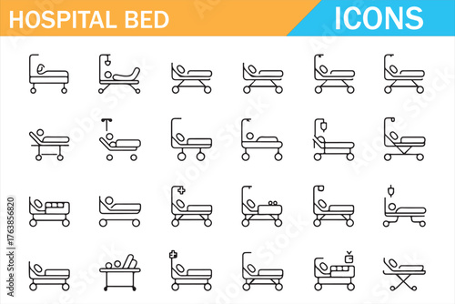 Minimal medical symbols: patient bed, ICU cot, stretcher, IV stand — outline icon set