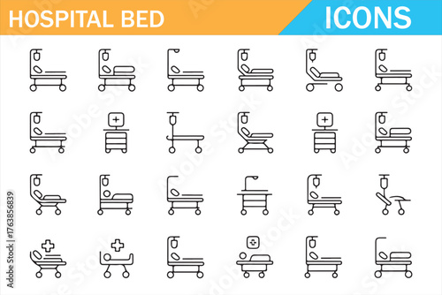 Thin line hospital bed pictograms for healthcare UI, apps, and infographics