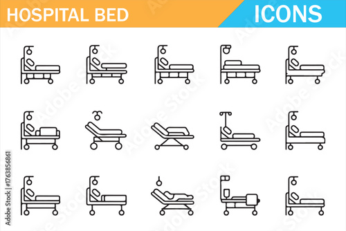 Healthcare line icons: hospital beds, ICU trolleys, recovery cots, emergency stretchers