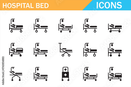 Hospital bed icons set — minimal outline medical symbols with IV stands, stretchers, and adjustable cots