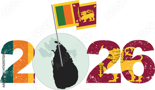 Vintage Grunge Sri Lanka 2026 Epoch Vector:Distressed Numerals with Infused National Flag Palette and Prominent Globe Map Silhouette for Commemorative Use