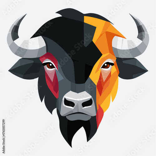 Geometric Buffalo Head Vector Art with Vibrant Colors and Detailed Features