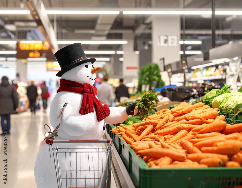 © Argiduna - muñeco de nieve con bufanda roja y sombrero negro comprando zanahorias en un supermercado moderno. El muñeco de nieve empuja un carrito de compras por los pasillos iluminados, se detiene en la sección © Argiduna - muñeco de nieve con bufanda roja y sombrero negro comprando zanahorias en un supermercado moderno. El muñeco de nieve empuja un carrito de compras por los pasillos iluminados, se detiene en la sección