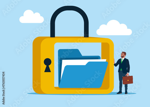 Folder document in padlock. Data protection, private access, password security access, privacy protection. Confidential document. Vector flat illustration
