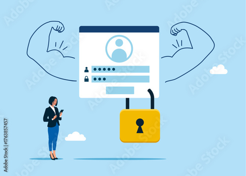 Account doing strong gesture. Strong password, security, privacy. Vector flat illustration