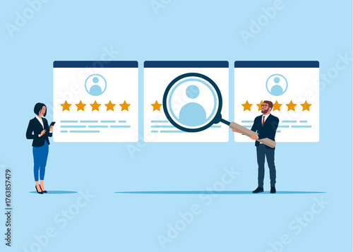 The recruiters selects the team. New staff to team. Onboarding employee. HR department for businessman with a magnifying glass to select a candidate's. Vector flat illustration