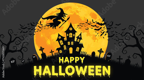 Vector art of a spooky halloween night scene with a witch flying on her broomstick in front of a full moon and a haunted house, with happy halloween text in yellow color