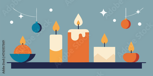 Assortment of Lit Candles and Christmas Ornaments holiday