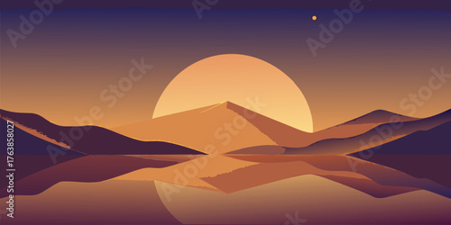 Desert Landscape with Setting Sun and Reflection Keywords: desert, landscape, sunset, sun