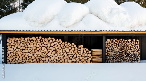 Snow-Capped Wood Shed Winter's Stockpile of Firewood, Firewood , Winter
