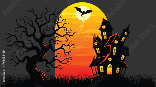 Vector art of a chilling halloween illustration showcasing a haunted mansion and a gnarled tree under a fiery moon, creating a spooky atmosphere for seasonal designs and festive promotions