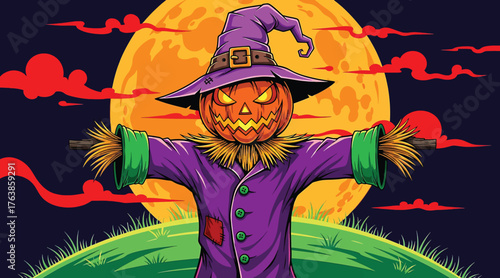a halloween scarecrow with a pumpkin head, wearing a purple coat and hat, stands guard in front of a full moon, creating a spooky and festive atmosphere for the holiday