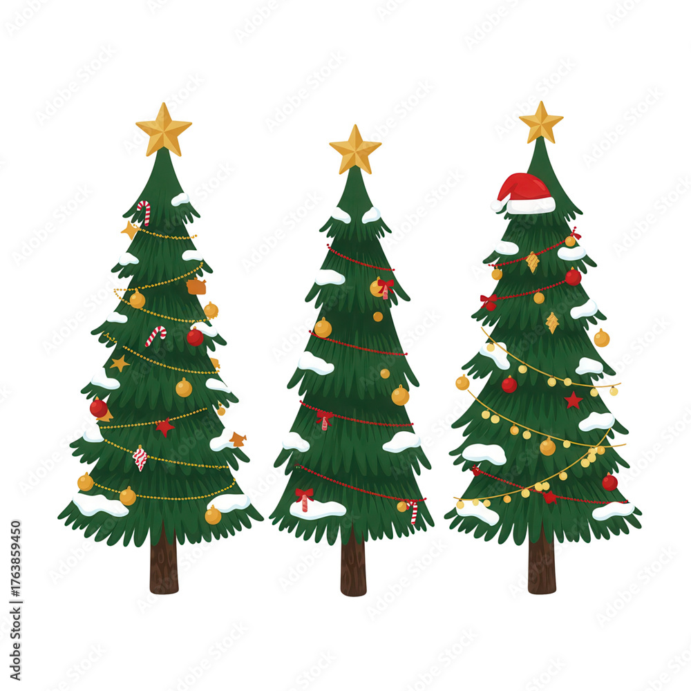 Fototapeta premium Festive Christmas trees with sparkling ornaments stars and a Santa hat on black for holiday season decor