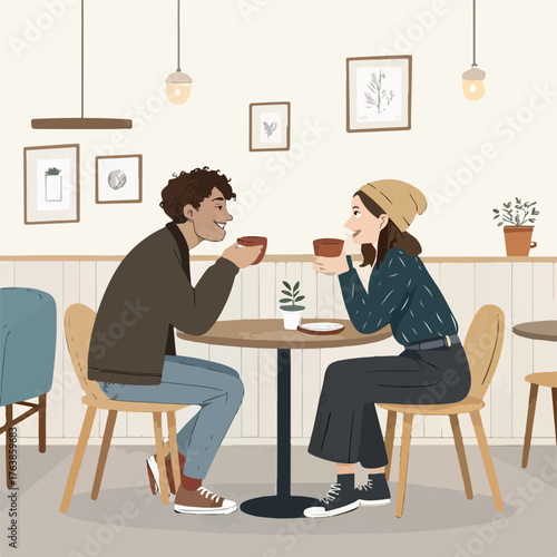 Couple sitting in cafe enjoying coffee together cartoon illustration