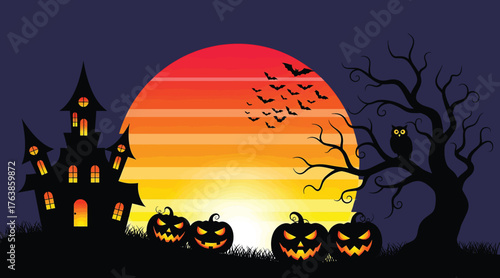 a spooky halloween night scene with a witch flying on a broomstick, bats, a scary tree, and a grinning pumpkin against an orange sunset background with happy halloween text