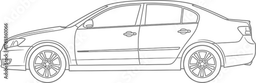 Outline of a sedan car, depicted in a detailed line drawing, isolated on white background, showcasing the vehicles design and features