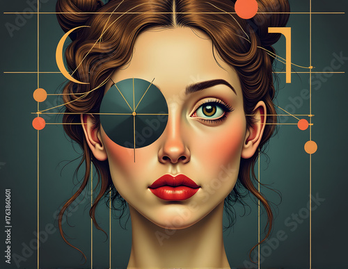 A person with geometric patterns and artificial intelligence elements representing technical vision and digital identity.