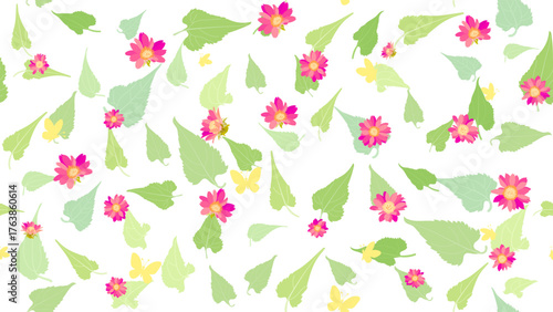 Seamless pattern pink gerbera flower, green leaf and yellow butterfly on white background