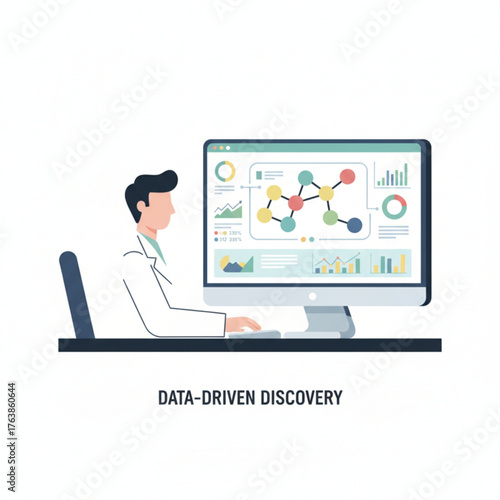 A scientist is analyzing complex data on a computer screen, using charts and molecular models to discover new insights.