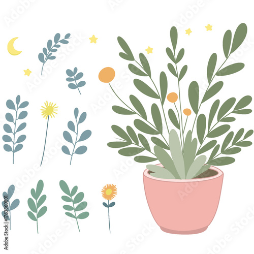 Potted plants set. Interior houseplants in planters, baskets, flowerpots. Home indoor green decor. Set collection vector illustration watercolor 