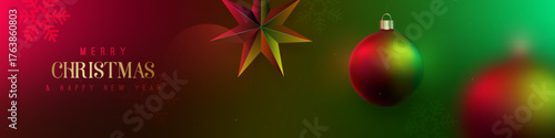 Colorful Christmas ornaments and star create festive, vibrant atmosphere. Xmas long backdrop.