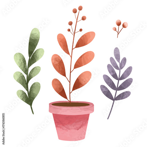 Potted plants set. Interior houseplants in planters, baskets, flowerpots. Home indoor green decor. Set collection vector illustration watercolor 