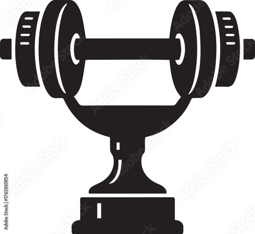 Fitness and gym winner trophy black and white illustration with dumbbell for sports and workout achievements