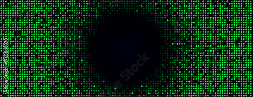 Green glowing pixel grid with diamond tiles creates circular copy space at center on dark tech background. Vector illustration