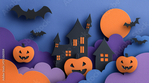 Beautiful paper craft background of Halloween festival with pumpkin and bats.