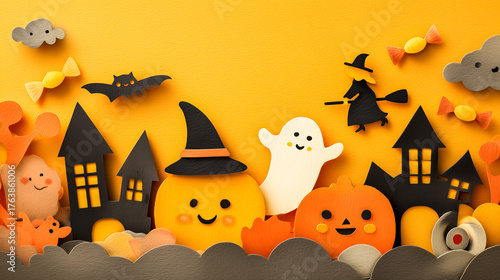 Beautiful paper craft background of Halloween festival with pumpkin and bats.