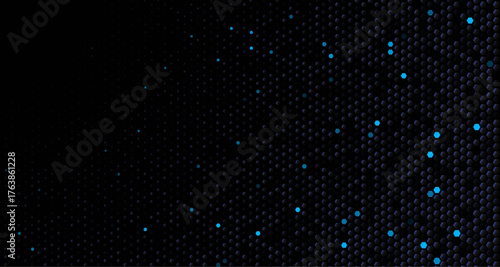 Tech cybersecurity hexagon honeycomb dark background with neon blue glowing dots, 3D depth in dashboards, fintech decks, UI, blockchain reports. Hex backgrounds for presentations. Vector backdrop