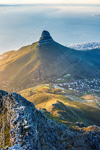 View of Lions Head mountain and city of Cape Town, South Africa, from top of table mountain