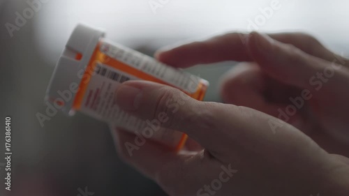 Person Checking Pills.  Woman Carefully Reading Instruction Leaflet While Holding Prescription Pill Bottle Before Taking Medications at Home. Medical Insurance Medicare.