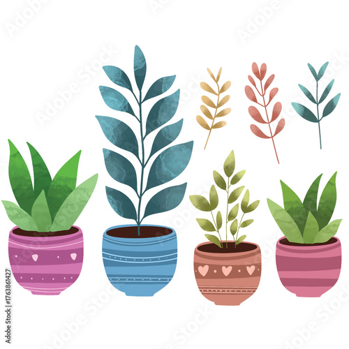 Potted plants set. Interior houseplants in planters, baskets, flowerpots. Home indoor green decor. Set collection vector illustration watercolor 